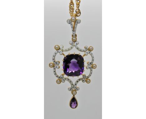 A BRIGHT YELLOW METAL PENDANT IN THE MEDIEVAL STYLE set with a cushion cut and a pear-shaped amethyst to bands of white ename
