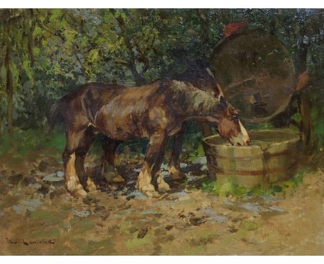 WILLIAM BRADLEY LAMOND RBA (SCOTTISH 1857-1924) HORSES WATERING AT A TROUGH Oil on canvas, signed, 36 x 46cm (14 x 18") Condi