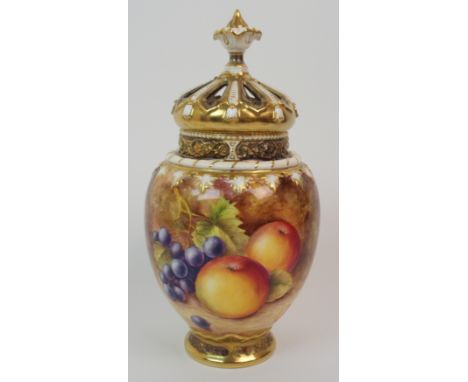 A ROYAL WORCESTER POT POURRI painted with apples, peaches, grapes and cherries on a mossy ground, signed S Weston, with print