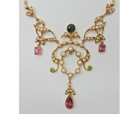 A 15CT GOLD PINK AND GREEN TOURMALINE, DEMATOID GARNET AND PEARL PENDANT NECKLACE with a 9ct gold chain, dimensions of gem se