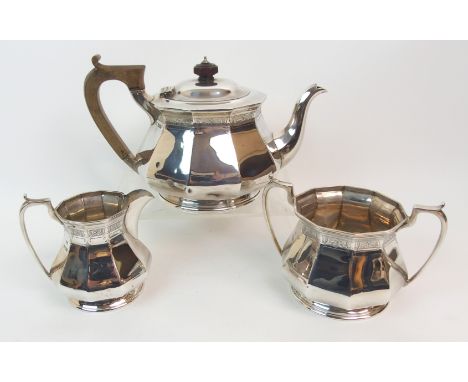 A THREE-PIECE SILVER TEA SERVICE by Harrison Brothers &amp; Howson (George Howson), Sheffield 1938, the faceted body with a b