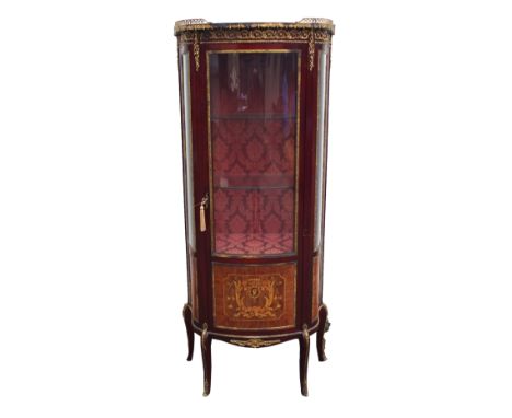 A LOUIS XVI STYLE MAHOGANY AND INLAID DISPLAY CABINET with a glazed central door flanked by glazed sides above panels with po