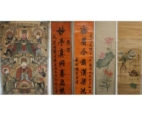 CHINESE SCROLL PAINTINGS comprising: two orange and black letter paintings, 125 x 31cm, pink lilies, 136 x 33cm, flower vase 