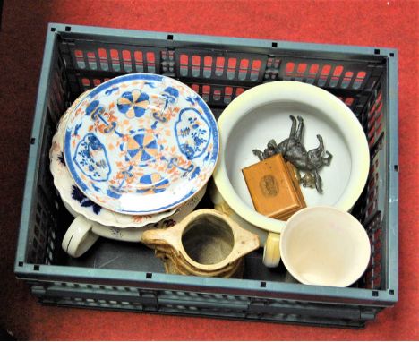 A 19th century Chinese tin glazed plate in the Imari palette decorated in shades of iron red and cobalt blue, together with v