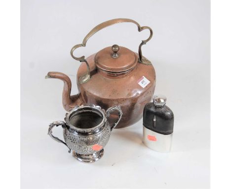 A 19th century copper range kettle; together with a Victorian silver plated sugar bowl, and a silver plated leather clad hip 