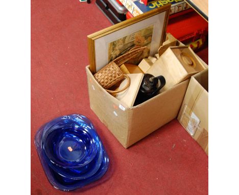 Mixed lot to include blue glass bowls, treen, modern print, etc