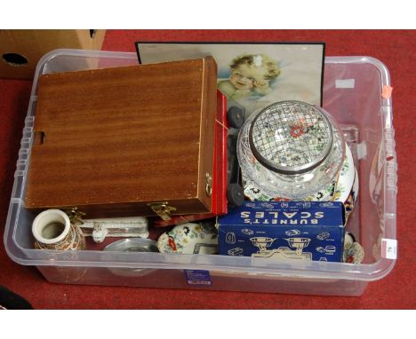 A box of miscellaneous items, to include cut glass rose bowl, Burnett's scales, Coalport Canton pattern teawares etc 