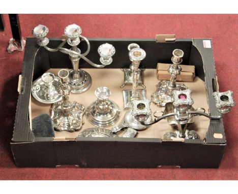 Box of assorted plated wares to include Old Sheffield plate candlesticks on loaded bases, pair three light candelabra etc
