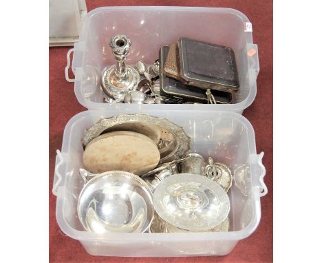 Two boxes of assorted plated ware to include bread board, telescopic candle stick, biscuit barrel, loose flatware etc