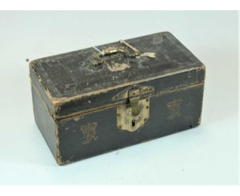A George V leather clad and brass mounted Ordnance Office Deed Box, width 29cm
