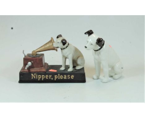 A reproduction HMV Nipper Please novelty moneybox, together with a modern ceramic model of Nipper (2)