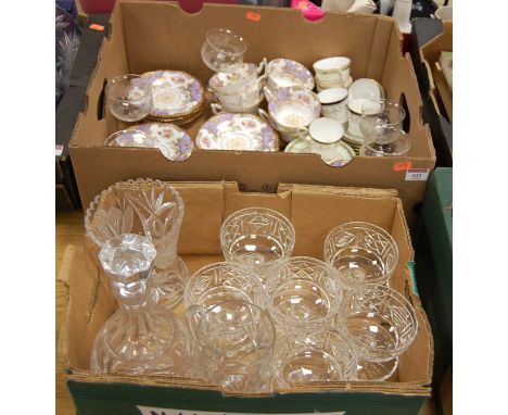 Two boxes of miscellaneous china and glassware, to include Alfred B. Pearce &amp; Ltd coffee cans and saucers, Coalport part 