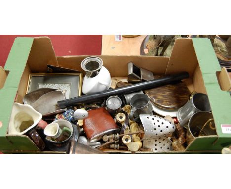 A box of miscellaneous items to include shoe last, hip flask, pewter tankard, opera glasses, etc