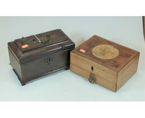 A George III mahogany tea caddy together with a Victorian pine, yew wood and chequer strung work box (2)Condition report: Mah