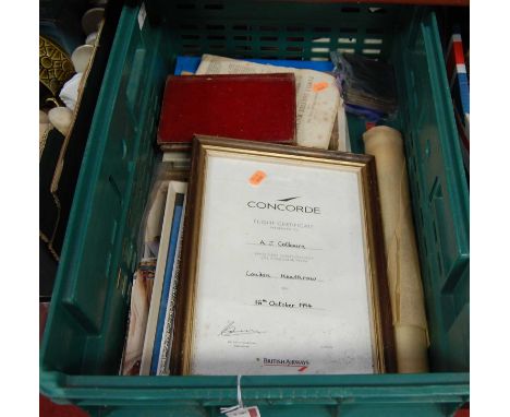 A  box of miscellaneous items, to include a Concorde flight certificate, Victorian magic lantern slides, postcards and epheme