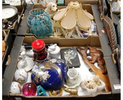 Two boxes of miscellaneous items, to include a Sandicast resin model of a yellow Labrador, various light fittings, ring tree 