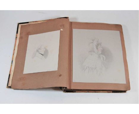 A 19th century leather bound album, written in pencil to the opening page, 30 in total, pencil and body colours, miniatures, 
