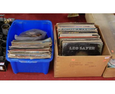 Two boxes of various LPs, 12" and 7" singles, to include Leo Sayer, Eric Clapton, Elton John, Roxy Music, The Righteous Broth