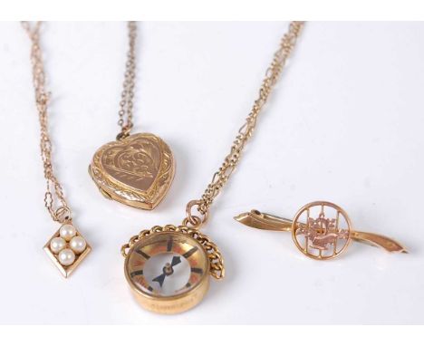A 9ct gold finelink neck chain with compass pendant in 9ct mount, gross weight 6.8g, together with a yellow metal bar brooch,