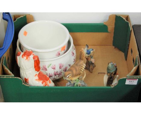 Two Portmeirion Botanic Garden bowls together with a Hummel figure, two bisque bird ornaments, and a Staffordshire seated spa