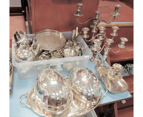 Assorted plated wears to include pair three light candelabra, single three light candelabrum, various meat dish covers, twin 