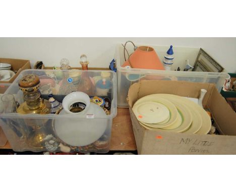 Four boxes of sundries to include a set of four Grays Pottery Sunbuff pattern graduated meat dishes, mixed ceramics, glass de