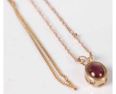 A 9ct gold fine link neck chain with cabochon amethyst set pendant 3.5g, together with a gilt metal finelink neck chain (2)