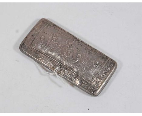An early 20th century continental white metal visiting card case, having spring-loaded hinged lid, repousee decorated with mu