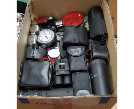 A box of miscellaneous items, to include modern Helios 10x25 binoculars, various pocket hip flasks, alarm clock, compass etc 