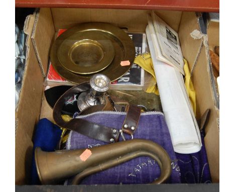 A box of miscellaneous items, to include a copper bugle with Royal Artillery crest, a silver dwarf table candlestick on loade