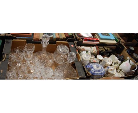 Three boxes to include two ships decanters, various glass ware, Spode Italian blue &amp; white teapot, novelty china ware, ho