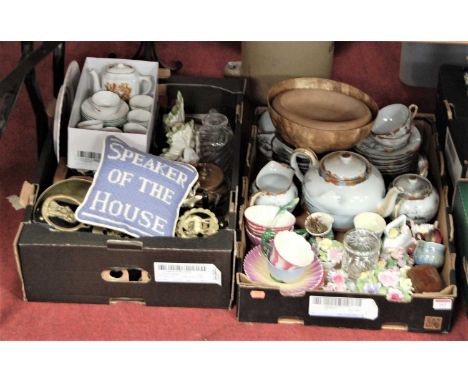 Three boxes of miscellaneous items, to include a Victorian childs transfer decorated six place setting tea service, horse bra