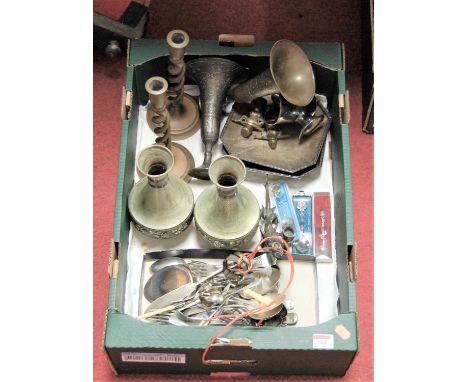 A box of miscellaneous metalware, to include silver engine turned napkin ring, a silver mount, loose flatware etc 