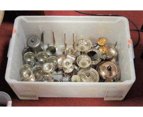 A box of assorted plated and pewter ware to include teapots etc. Please note that the three-light candelabra is NOT included