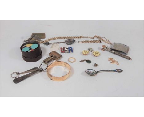 A small collection of miscellaneous items, to include a gold plated bangle, pocket cigarette lighter, souvenir spoon, 9ct gol