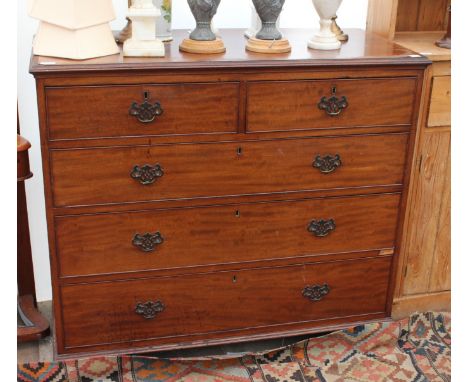 A VICTORIAN MAHOGANY CHEST OF TWO SHORT AND THREE LONG DRAWERS with bracket feet, 114cm wide x 52cm deep x 100cm high