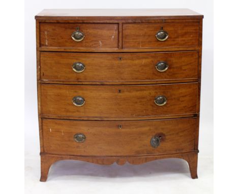 A 19TH CENTURY MAHOGANY BOW FRONTED CHEST OF TWO SHORT AND THREE LONG DRAWERS on outswept bracket feet, 100cm wide x 57cm dee