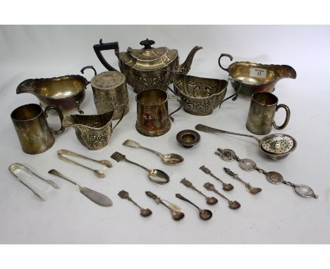 A VICTORIAN CHESTER SILVER BACHELOR'S TEAPOT and twin handled sucrier, a Victorian Birmingham silver matching cream jug, two 