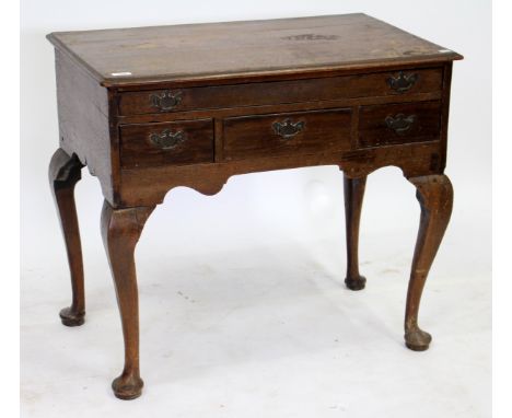 A GEORGE III OAK LOW BOW with five drawers, brass swan neck handles and cabriole legs, 80cm wide x 48cm deep x 71cm high