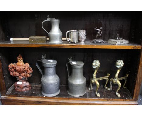 MISCELLANEOUS ITEMS to include two 19th century pewter jugs, a thermometer, a bronze sphinx, two brass fire dogs, a Chinese c