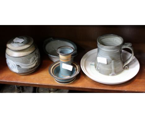 A SELECTION OF 20TH CENTURY STUDIO POTTERY to include a St Ives tankard possibly by Bernard Leach, a jar and cover with fish 