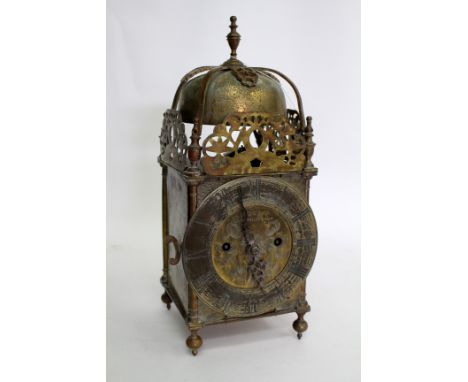A 17TH CENTURY STYLE BRASS LANTERN CLOCK with two trained fusee movement, the dial spuriously signed Thomas Mudge 16cm wide x