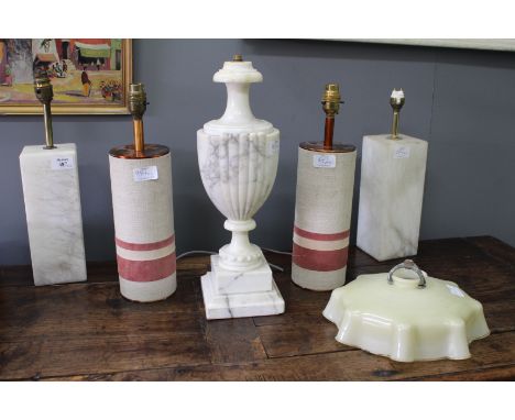 A PAIR OF ALABASTER TABLE LAMPS of square section, each base 25cm high together with a pair of retro table lamps and an alaba