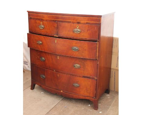 A GEORGE III MAHOGANY BOW FRONTED CHEST OF TWO SHORT AND THREE LONG DRAWERS standing on bracket feet, 103cm x 115cm x 55cm