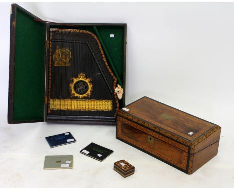 AN EARLY 20TH CENTURY AUTO HARP IN FITTED BOX, a 19th century walnut inlaid writing box, a small parquetry trinket box, and t