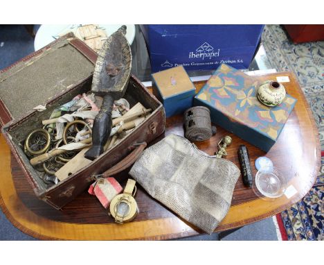 AN AFRICAN METAL AND CARVED WOOD FIGURE, a painted wooden tea caddy, a painted box, a Tibetan prayer wheel and further items 