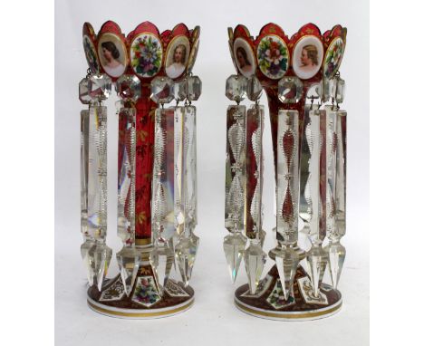 A PAIR OF 19TH CENTURY BOHEMIAN OVERLAID RUBY GLASS LUSTERS each with painted portrait and floral panels, overall 30cm in hei