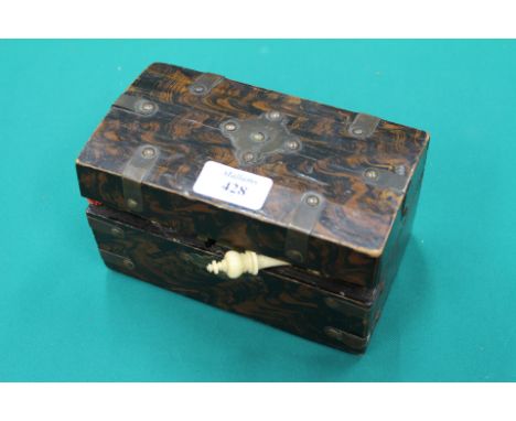 A 19TH CENTURY FAUX ROSEWOOD TEA CADDY with applied brass banded decoration and green velvet lining and a 19th century staine