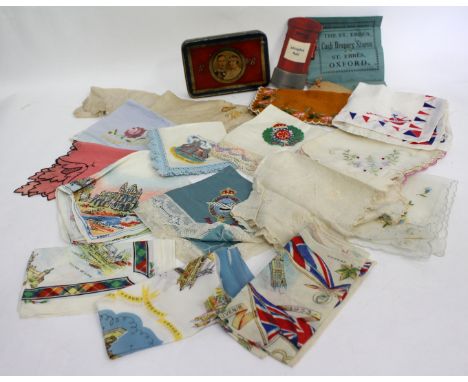 A SELECTION OF VICTORIAN AND LATER SILK AND EMBROIDERED HANDKERCHIEFS and vintage postcards