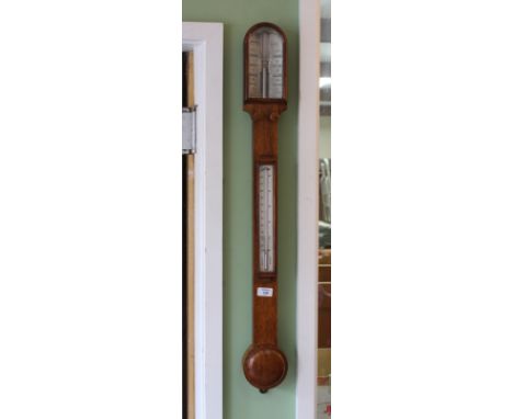 A 19TH CENTURY OAK STICK BAROMETER titled 'Desbois Greys in Passage London', 91cm approximately